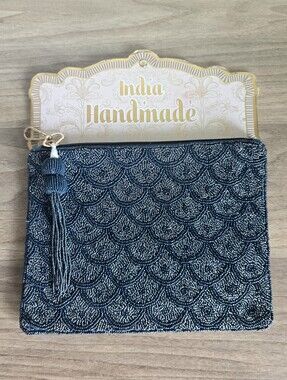 NWT India Handmade Blue Beaded Clutch Scalloped Clutch 7"x11"